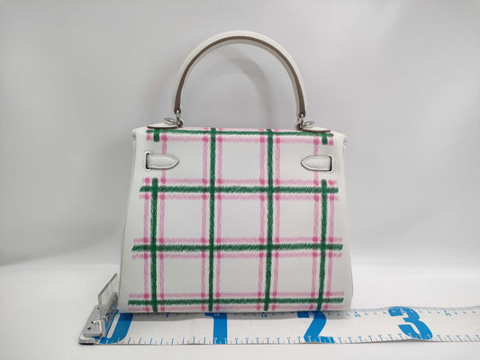 HERMES Kelly 25 Tartan Light, Gripere/Bubblegum/Vert Moyen, Silver Hardware, K Stamp, Handbag