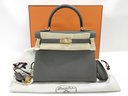 HERMES Kelly 25 Etain Togo Gold Hardware K Stamped Handbag