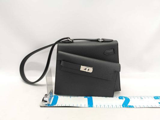HERMES Kelly Disorderly Black Epson Silver Hardware W Stamp Handbag
