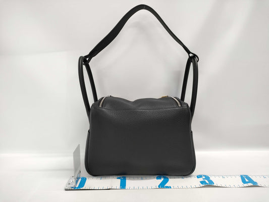 HERMES Lindy 26 Black Taurillon Clemence Leather Handbag with Silver Hardware and Double Stamp