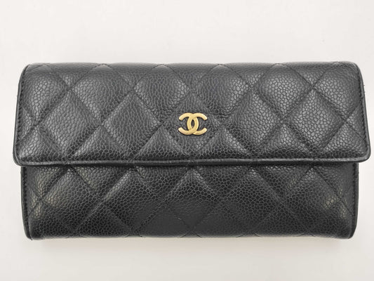 CHANEL Caviar Skin Matelasse Long Flap Wallet