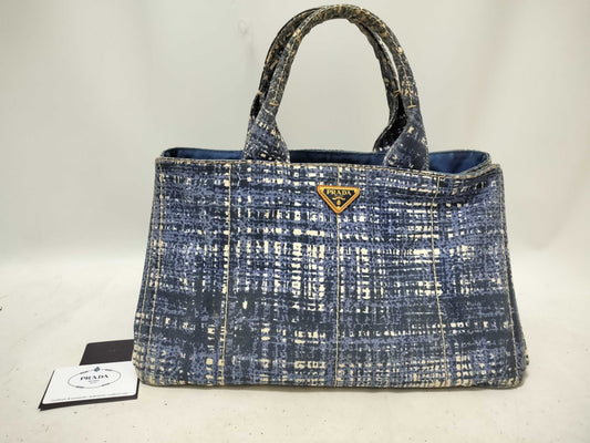 PRADA Prada Canapa Denim Handbag with Triangle Logo and All-Over Print