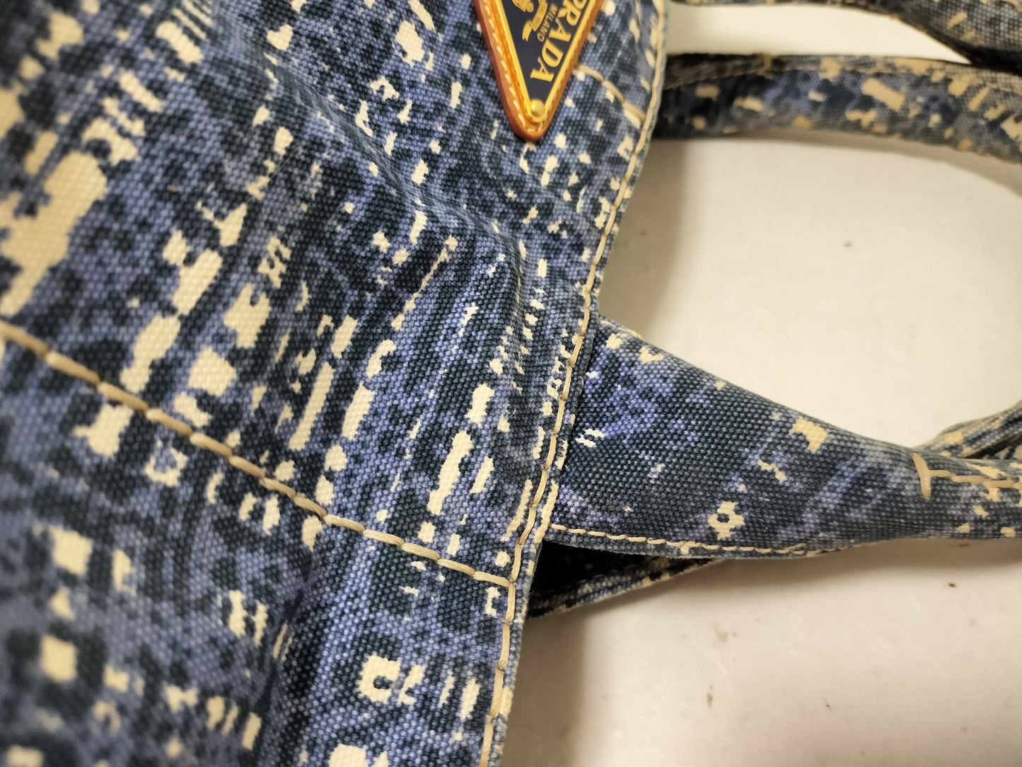 PRADA Prada Canapa Denim Handbag with Triangle Logo and All-Over Print