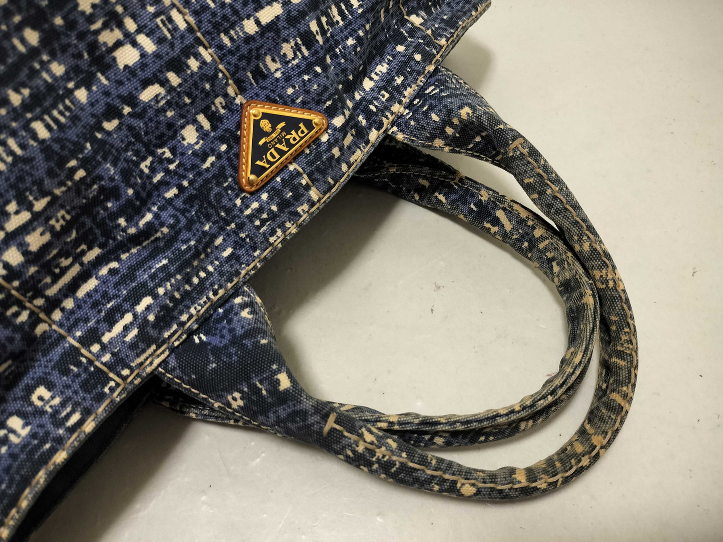 PRADA Prada Canapa Denim Handbag with Triangle Logo and All-Over Print
