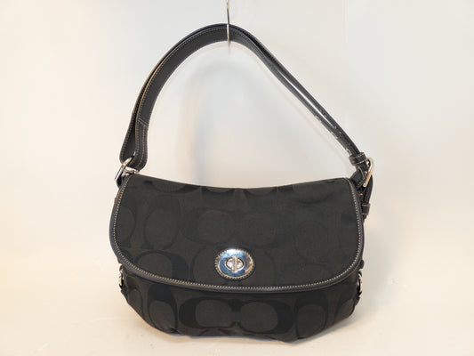 COACH Turnlock Black Signature Canvas Handbag One-Shoulder