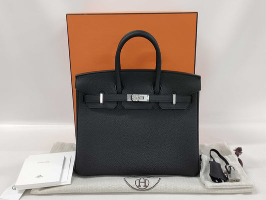 HERMES Birkin 25 Black K Stamp Silver Hardware Handbag