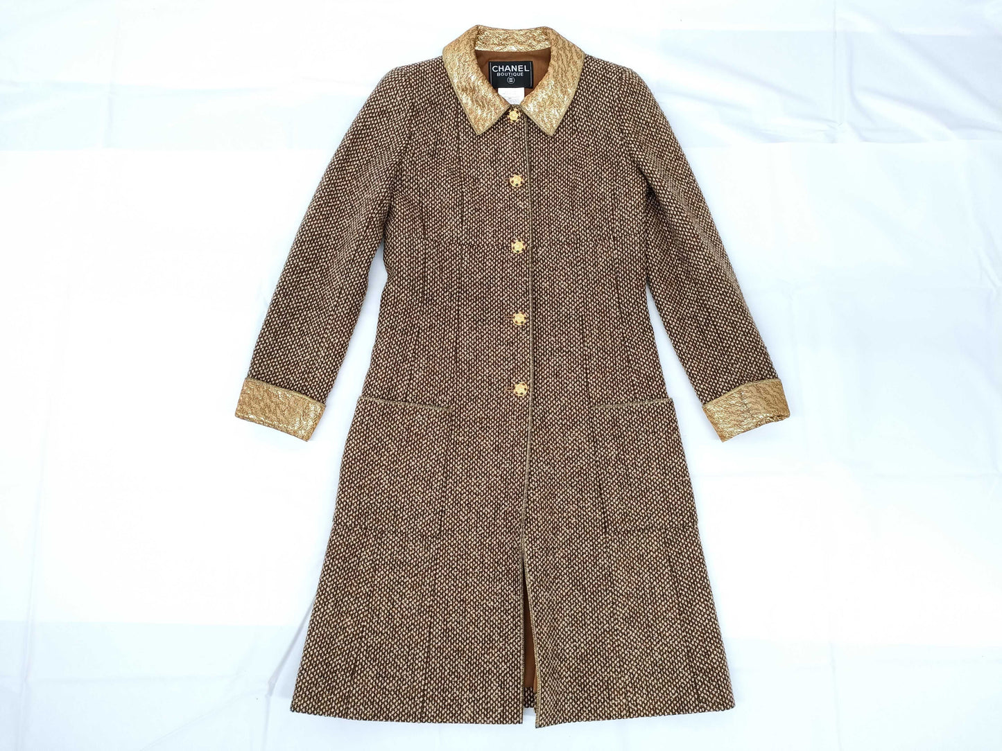 CHANEL Gripoa Button Tweed Long Coat, Gold and Brown, Size 96A, Size 36, Hanger Included