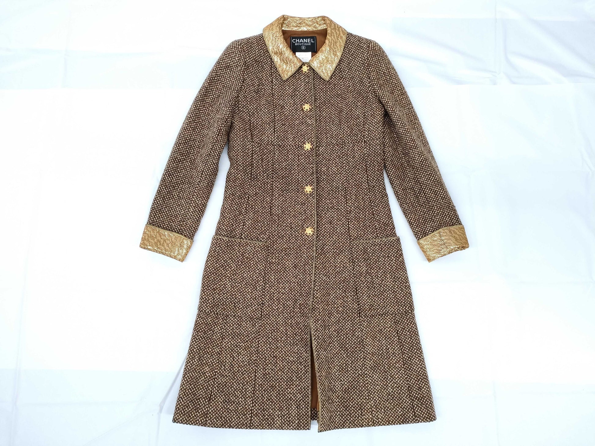 CHANEL Gripoa Button Tweed Long Coat, Gold and Brown, Size 96A, Size 36, Hanger Included