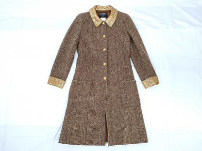 CHANEL Gripoa Button Tweed Long Coat, Gold and Brown, Size 96A, Size 36, Hanger Included