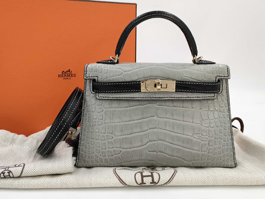 HERMES Mini Kelly Gripere / Black x Crocodile Alligator Leather x Permabrass Hardware x W Stamp [WIS441CZ] CITES Available Handbag