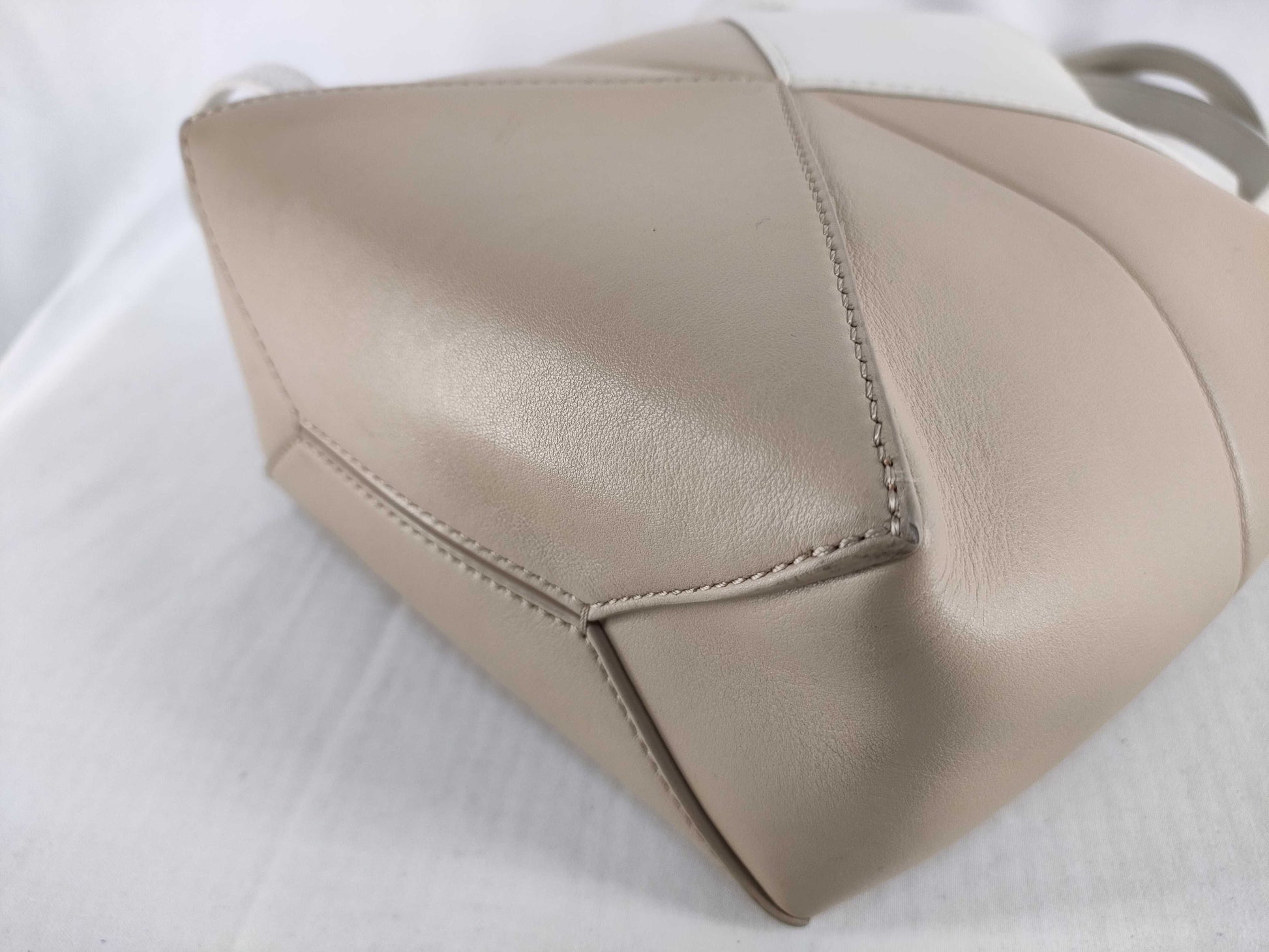LOEWE Puzzle Fold Mini Tote Bag in Shiny Calfskin, White and Beige