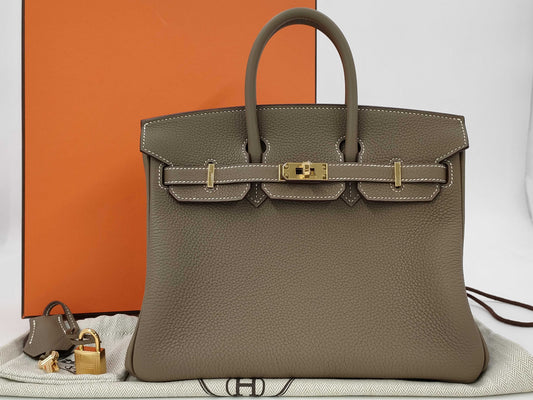 HERMES Birkin 25 Togo Etoupe Gold Hardware GP K Stamp Handbag