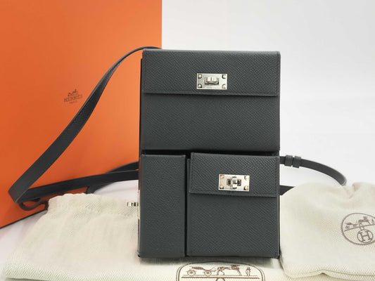 HERMES Kelly Multi-Pocket Noir Black Shoulder Bag with Silver Hardware and K Stamp