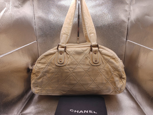 CHANEL Matelasse Shoulder Bag with Seal 10943015 Coco Charm and Storage Pouch, Beige Boston Bag