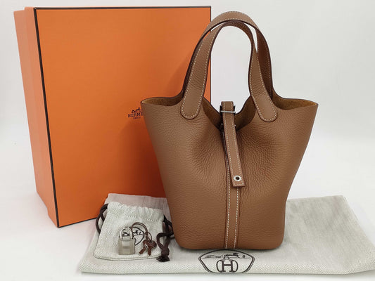 HERMES Picotin Lock PM Handbag in Gold, Taurillon Clemence Leather, Silver Hardware, K Stamp