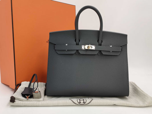 HERMES Birkin 25 Serie Epsom Ardoise Electrum Hardware W Stamp Handbag