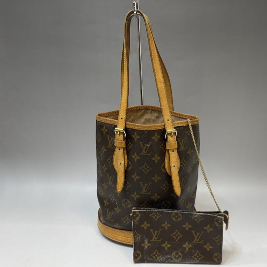 LOUIS VUITTON Monogram Bucket PM Tote Bag with Pouch, Brown, M42238 SR0948