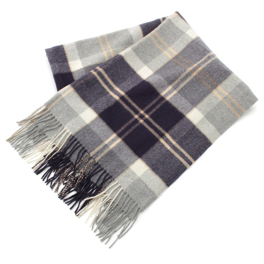 Johnstons Cashmere Check Pattern Large Scarf, Gray x Navy x Beige, Width: Approx. 71cm, Total Length: Approx. 186cm
