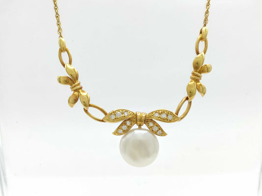 MIKIMOTO Pearl and Diamond Necklace, 18K Gold, 9.5g 