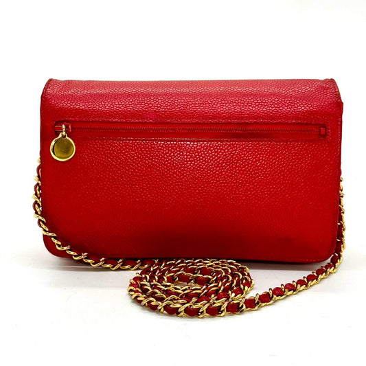 CHANEL Caviar Skin Coco Mark Chain Shoulder Wallet Red 5057344 Shoulder Bag