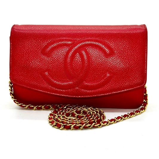 CHANEL Caviar Skin Coco Mark Chain Shoulder Wallet Red 5057344 Shoulder Bag