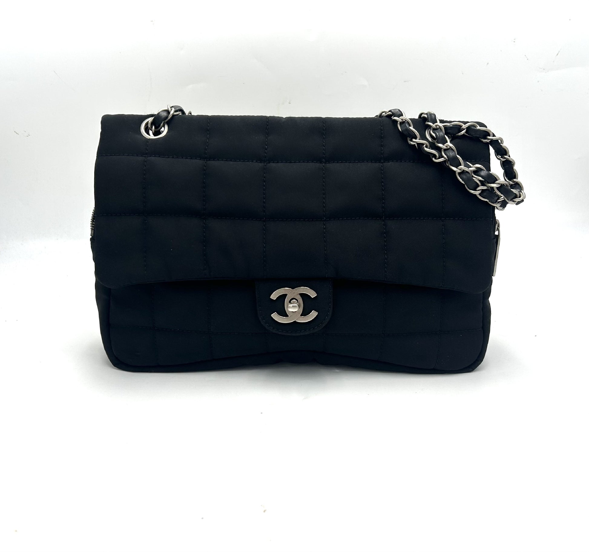 CHANEL Chocolate Bar Cotton Leather Chain Bag