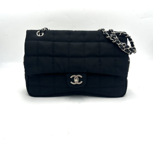 CHANEL Chocolate Bar Cotton Leather Chain Bag