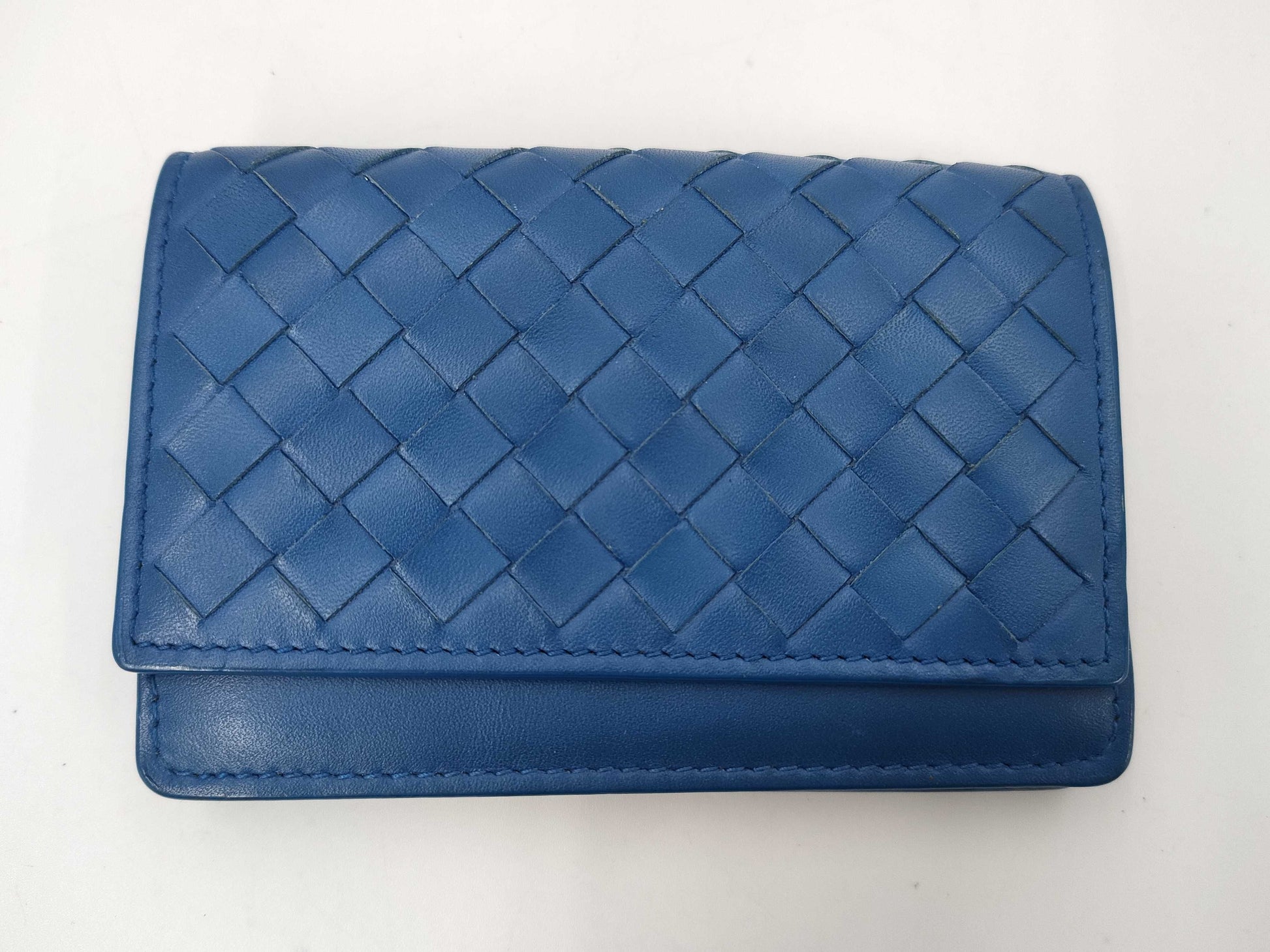 BOTTEGA VENETA Intrecciato Leather Card Case, Blue. Card Case, Pass Case, Business Card Case.