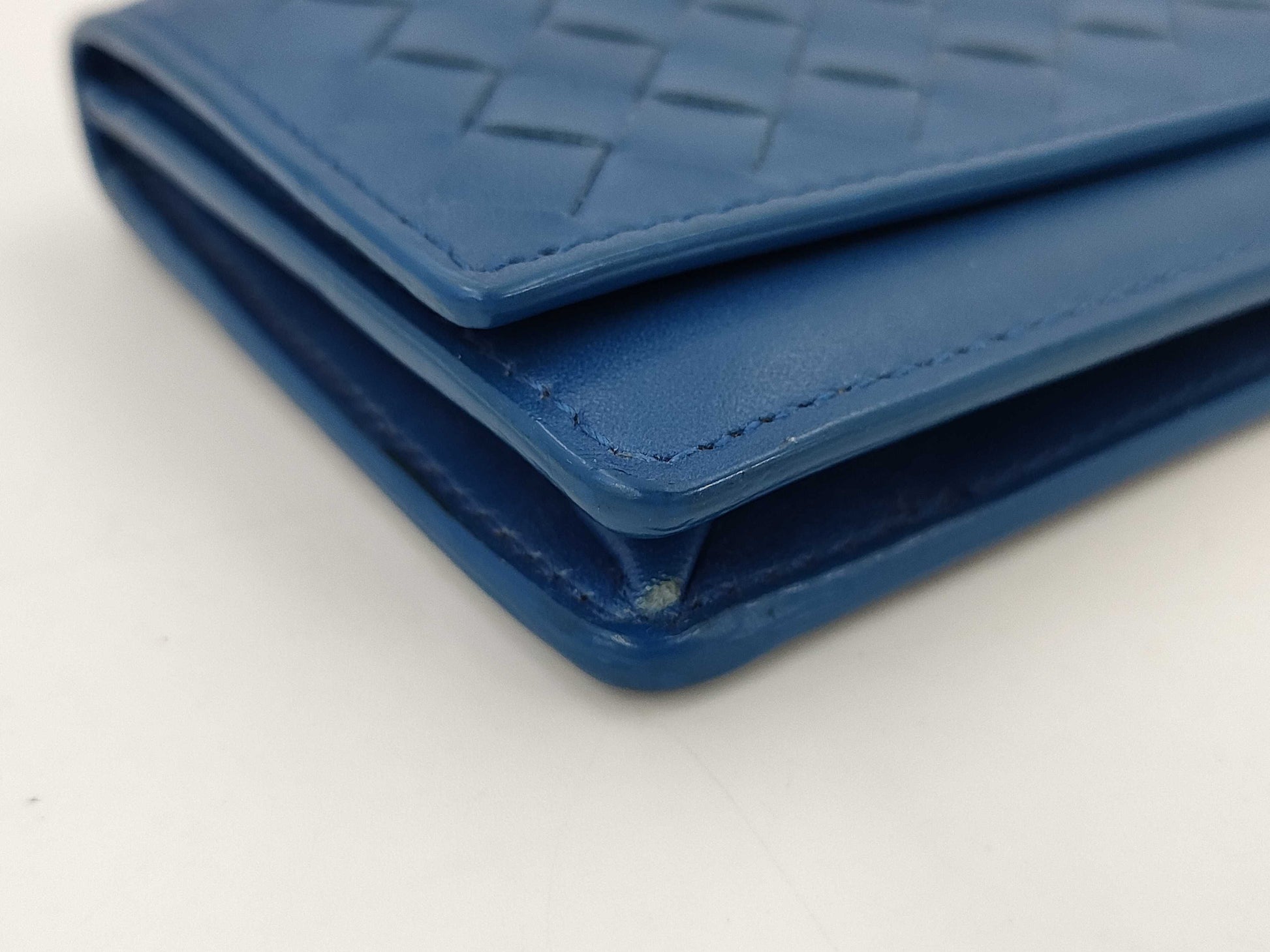 BOTTEGA VENETA Intrecciato Leather Card Case, Blue. Card Case, Pass Case, Business Card Case.