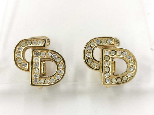 Dior Christian Dior CD logo earrings with rhinestones in gold.