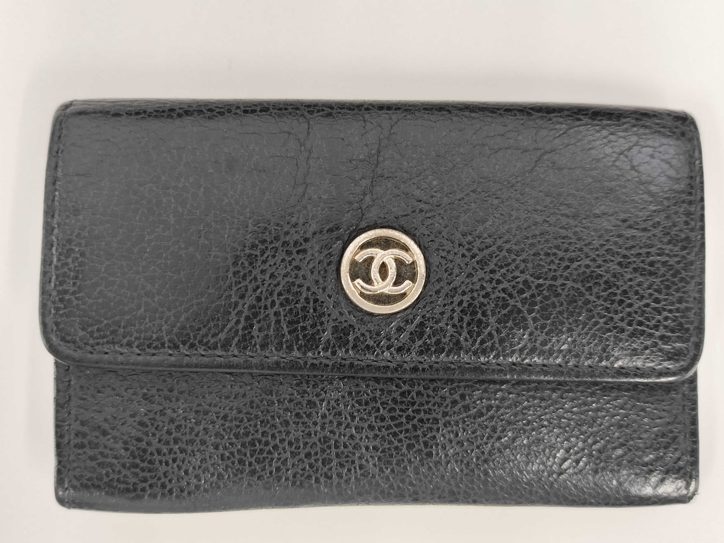 CHANEL Coco Mark Card Case with Metal Key Ring, Black Leather Coin Case