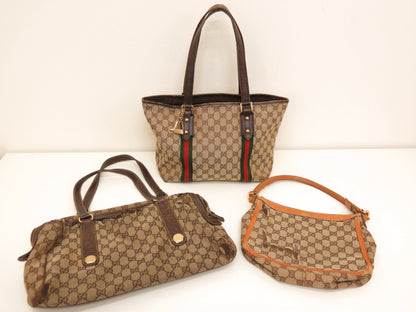 GUCCI GUCCI Gucci 3-Point Sherry GG Canvas and Calf Leather Hand Tote Bag Brown Beige