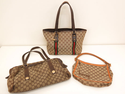 GUCCI GUCCI Gucci 3-Point Sherry GG Canvas and Calf Leather Hand Tote Bag Brown Beige