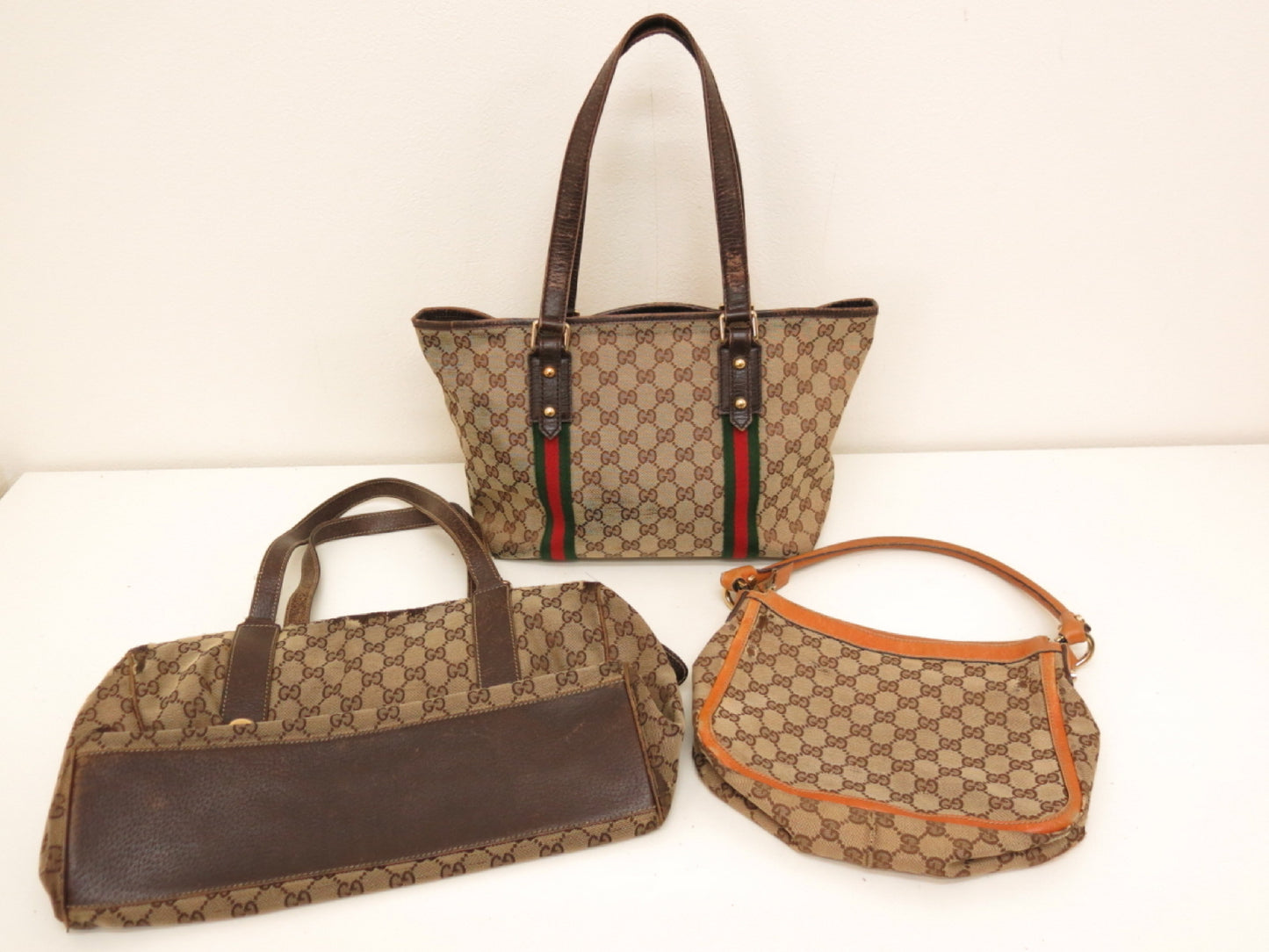 GUCCI GUCCI Gucci 3-Point Sherry GG Canvas and Calf Leather Hand Tote Bag Brown Beige