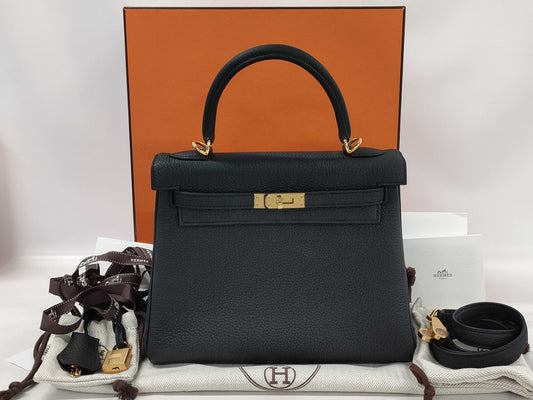 HERMES Kelly 25 Togo Black GP W Stamp Handbag