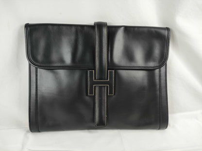 HERMES HERMES Jije GM Leather Clutch Bag Second Bag 〇P Engraved Black W34cm Clutch Bag