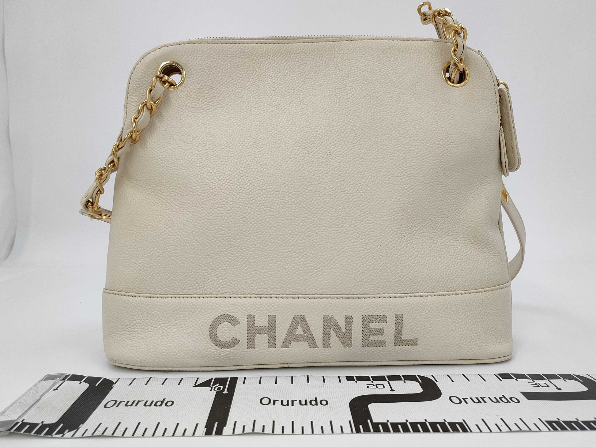 CHANEL Caviar Logo White Shoulder Bag