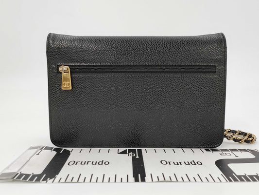 CHANEL Chain Wallet Caviar Skin Black Shoulder Bag