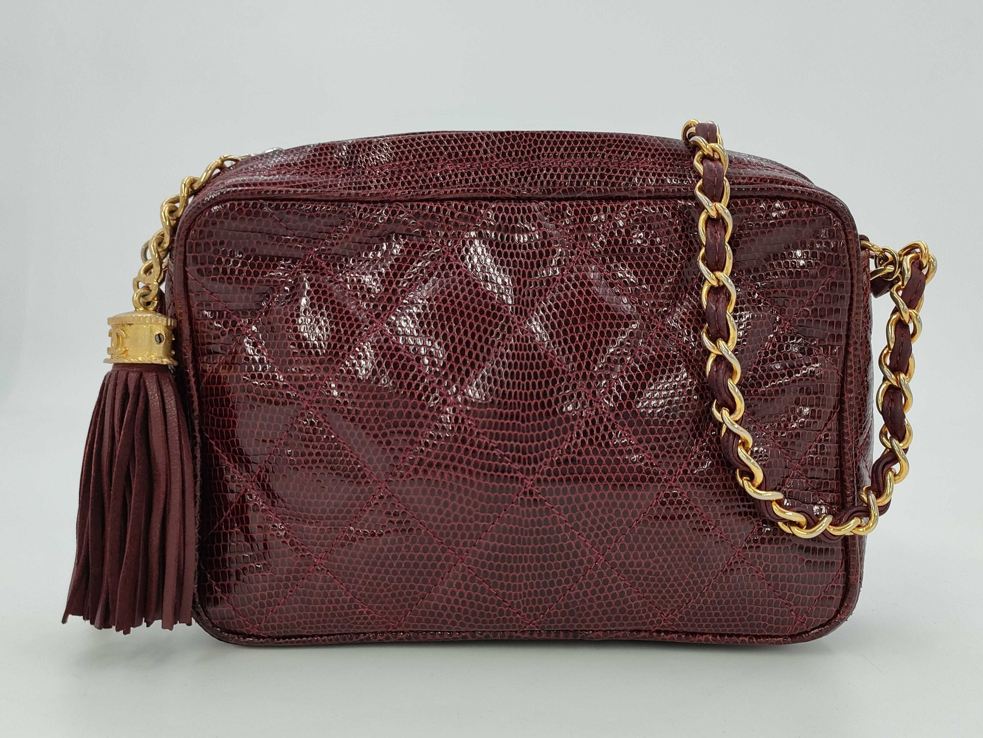 CHANEL Tassel Matelasse Chain Lizard Red Shoulder Bag