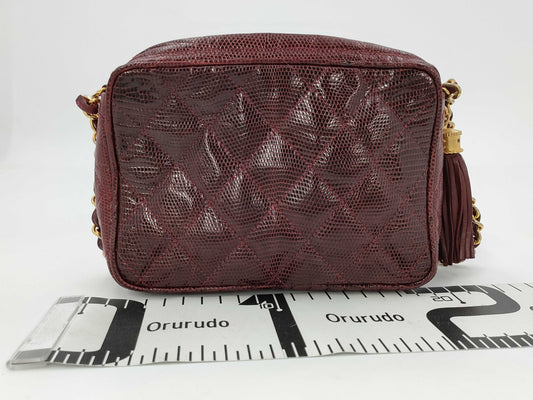 CHANEL Tassel Matelasse Chain Lizard Red Shoulder Bag
