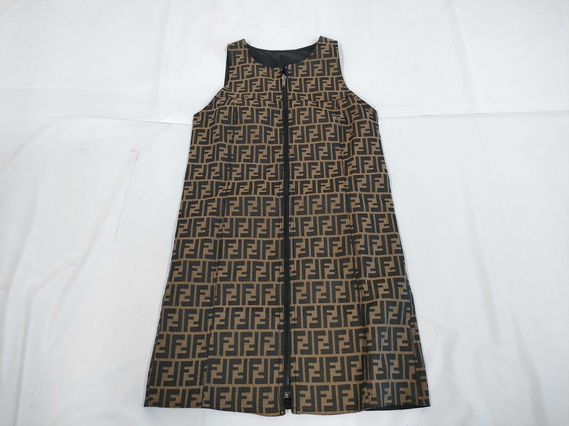 FENDI Zucca print reversible nylon dress in brown and black, size 42