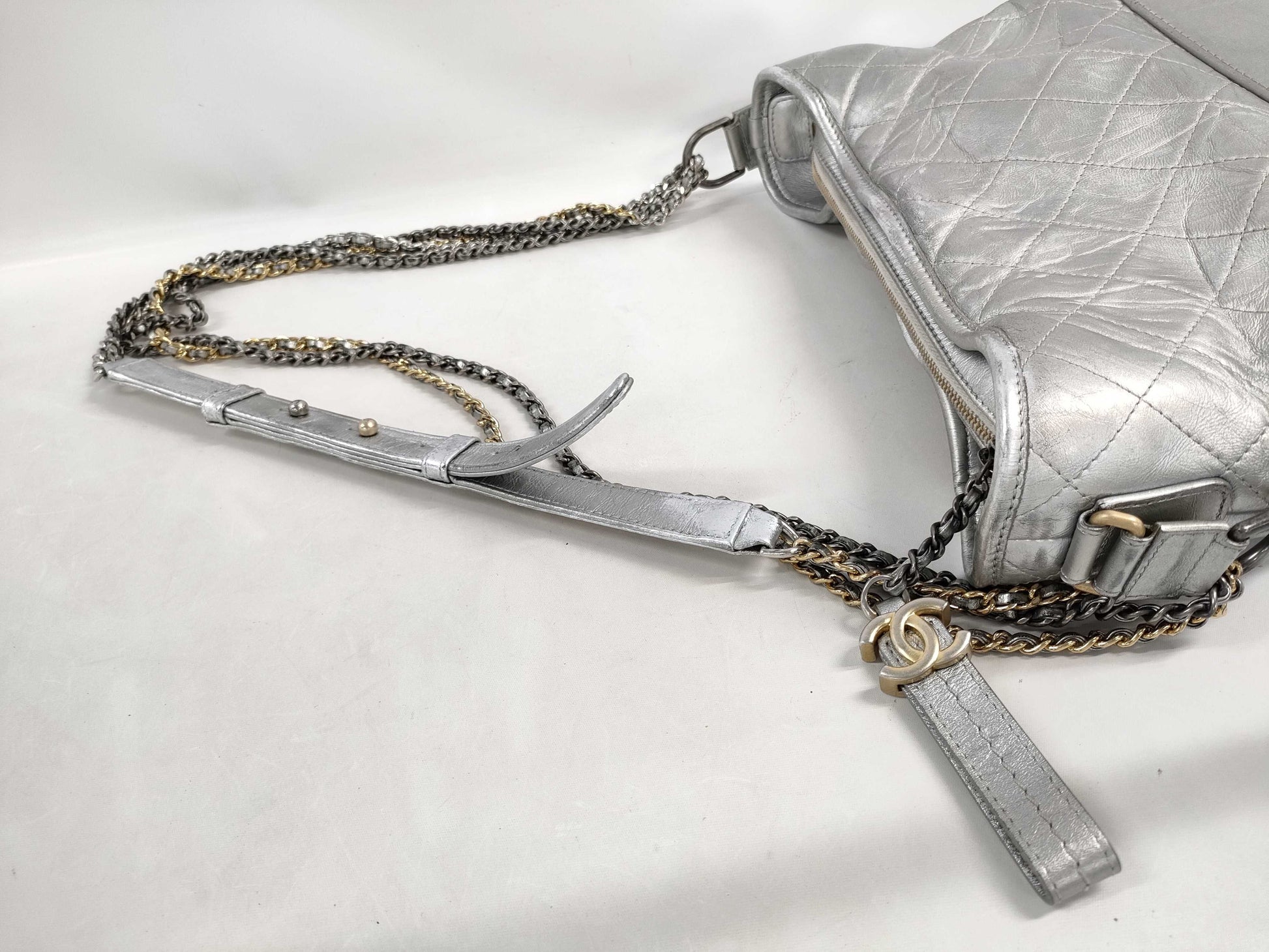 CHANEL Gabriel Chain Shoulder Bag in Silver Leather