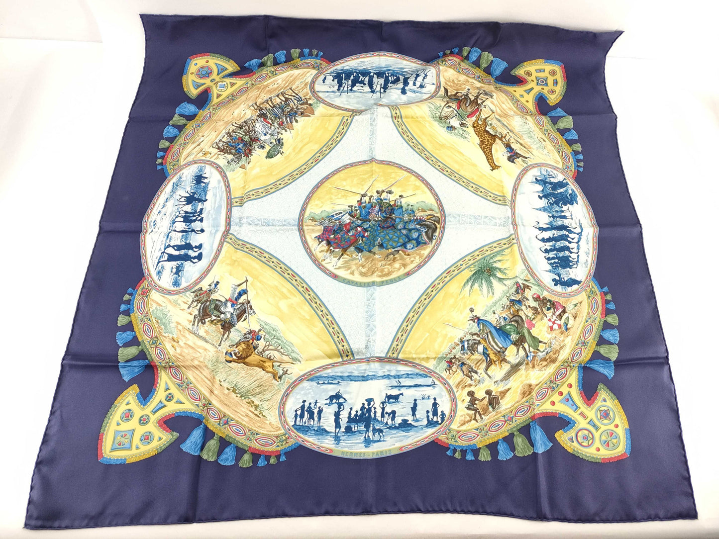 HERMES Kare Hermes Carre 90 Poole Jockey Silk Scarf Blue Scarf