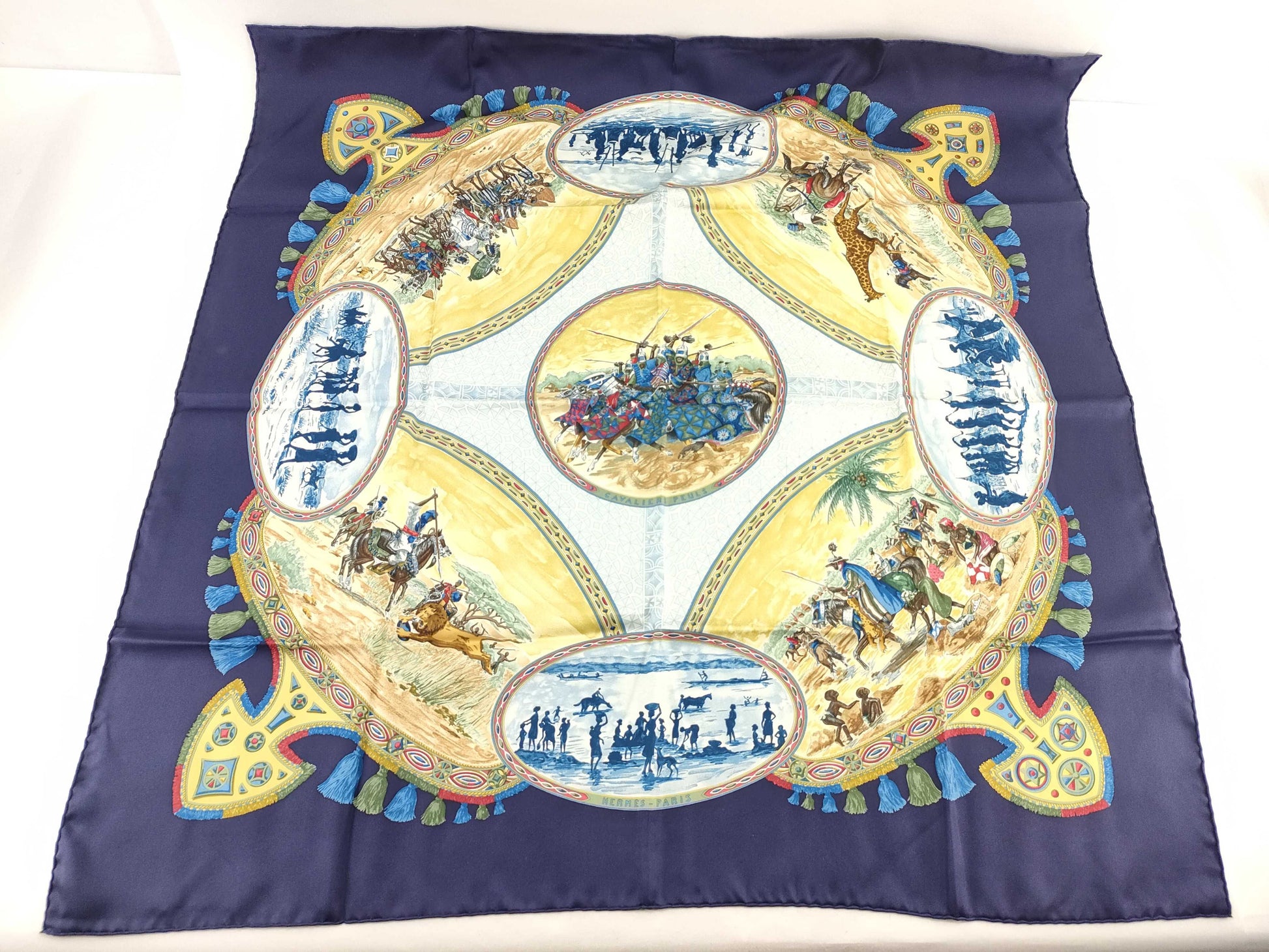 HERMES Kare Hermes Carre 90 Poole Jockey Silk Scarf Blue Scarf