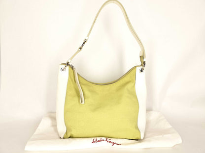 Salvatore Ferragamo Gancini Salvatore Ferragamo Gancini Nylon Canvas x Leather Shoulder Bag Q21 4327 Yellow Green x White Shoulder Bag