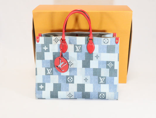LOUIS VUITTON Vuitton Monogram Denim Square Patchwork On-the-Go GM M44992 FN4199 Blue Shoulder Bag