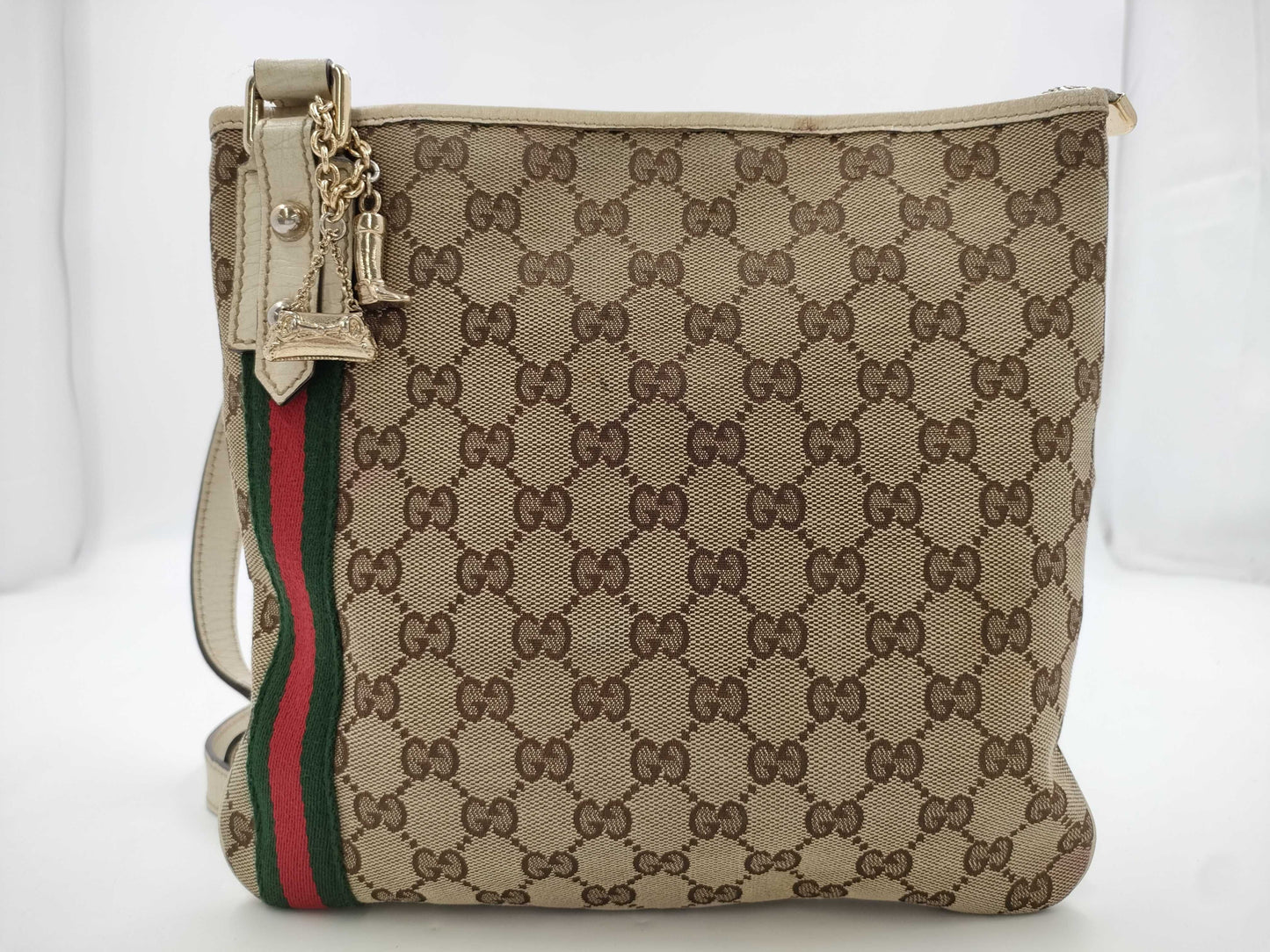 GUCCI 144388 GG Canvas Sherry Line Shoulder Bag with Charm