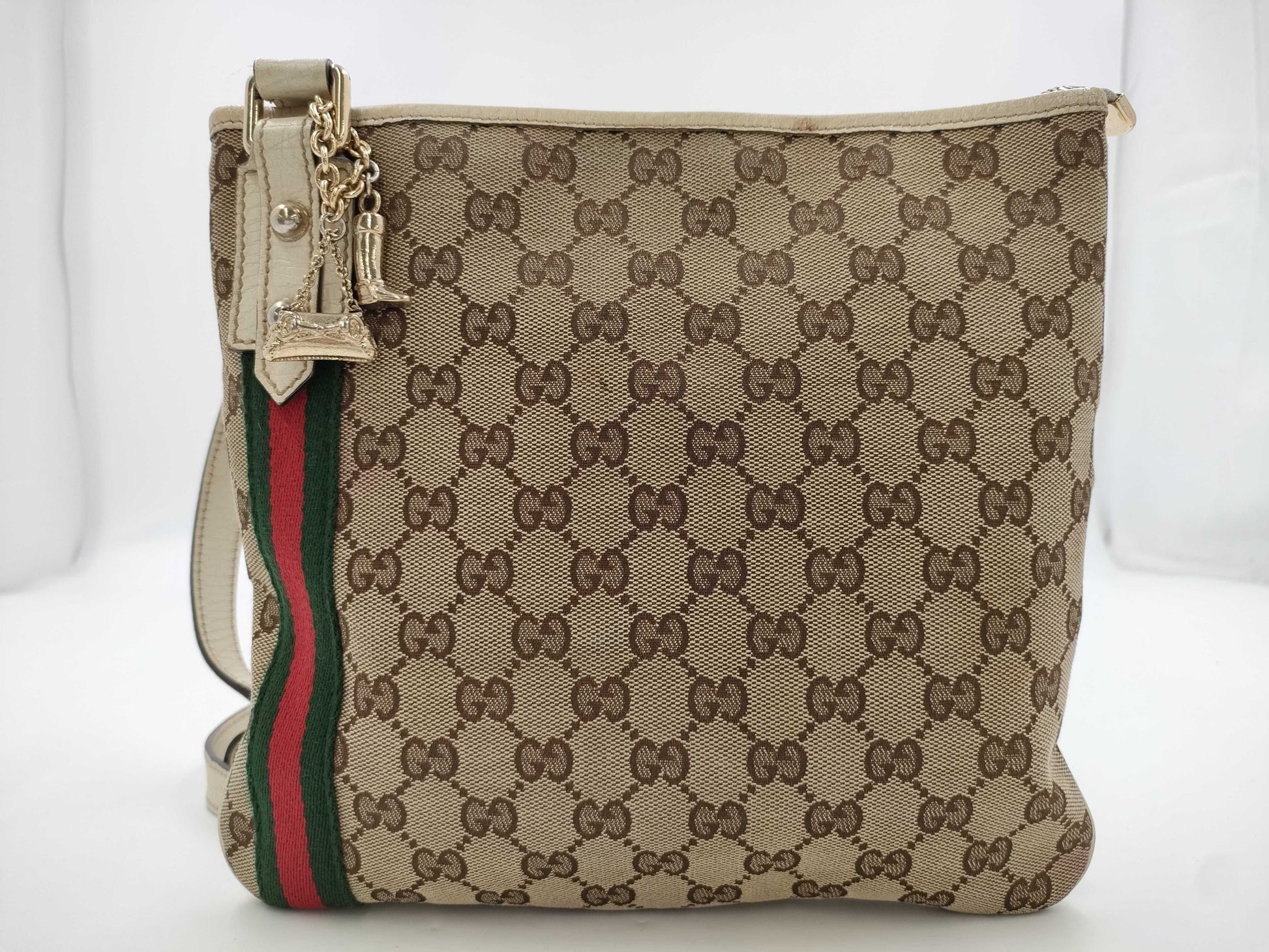 GUCCI 144388 GG Canvas Sherry Line Shoulder Bag with Charm