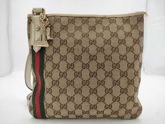 GUCCI 144388 GG Canvas Sherry Line Shoulder Bag with Charm