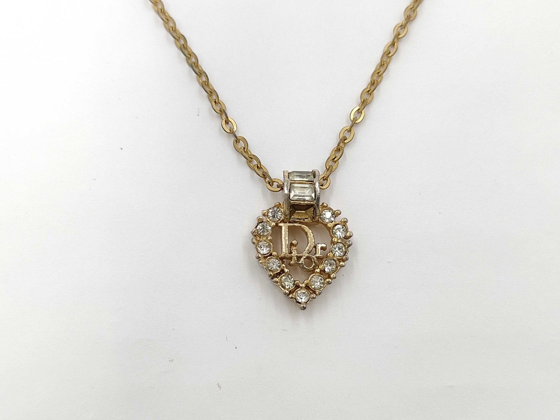Dior Logo Heart Gold Rhinestone Necklace